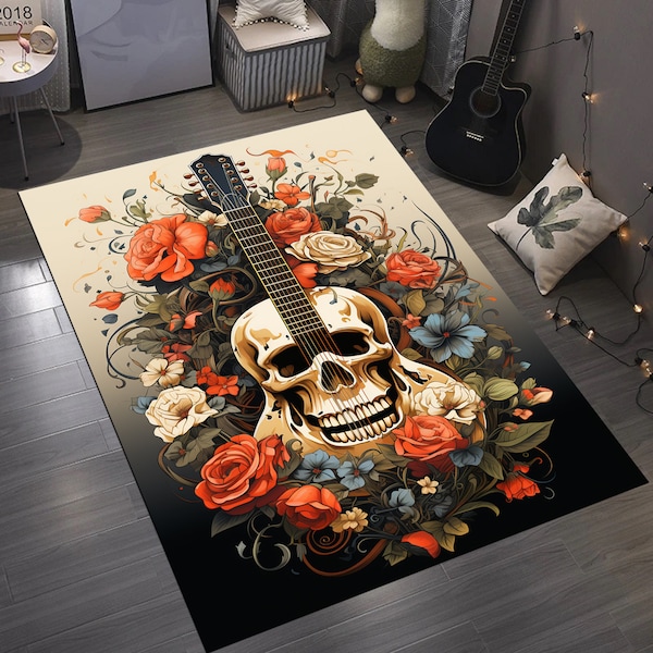 Guitar, Guitar Rug, Flower Guitar Rug,Skull Guitar Themed Rug, Music Rug, Guitar Decor Rug,Music Room Rug,Home Decor Rug,Decorative Area Rug