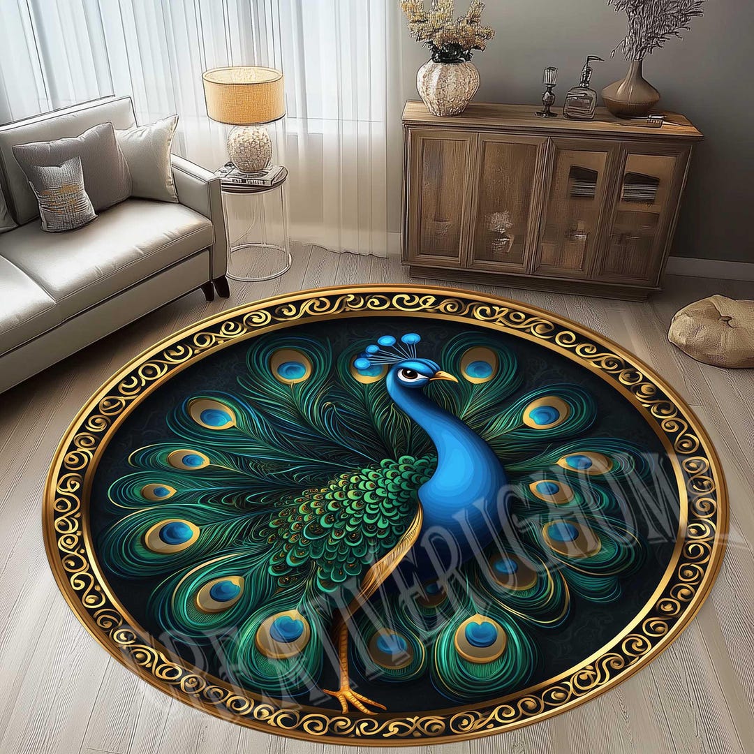 Peacock Rug, Peacock Patterned Rug, Round Peacock Rug, Peacock Feather ...