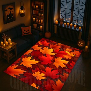 May include: A rectangular rug with a design of autumn maple leaves in red, orange, and yellow. The rug is in a room decorated for Halloween, with candles, a pumpkin, and a sofa. The room has a cozy, autumnal atmosphere.