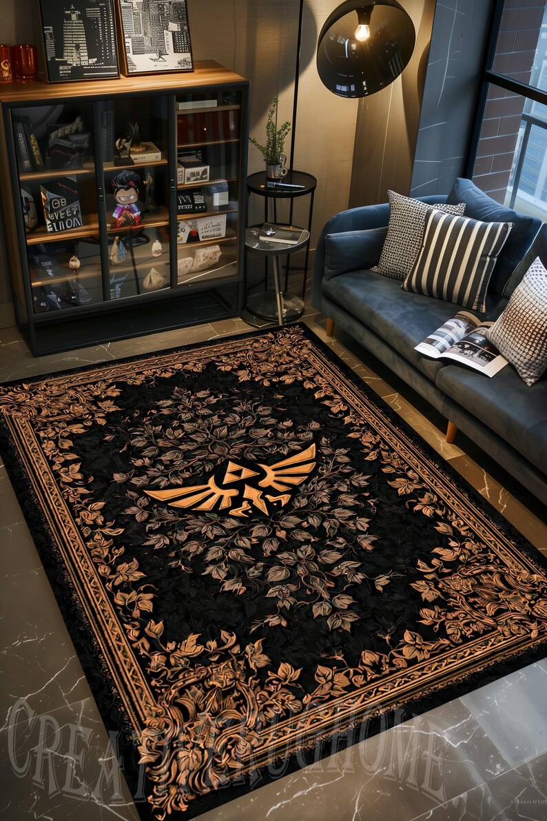Rectangular Rug Emblem Zelda Triforce Rug: Black Gold Floral Carpet, Hylian Crest Pattern ...