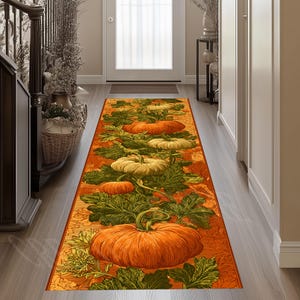 Könnte beinhalten: Ein langer, rechteckiger Läufer mit einem lebendigen herbstlichen Muster aus großen orangefarbenen Kürbissen und grünem Laub. Das Design zeigt mehrere Kürbisse unterschiedlicher Größe, die zwischen detaillierten Blättern auf einem warmen orangefarbenen Hintergrund liegen.