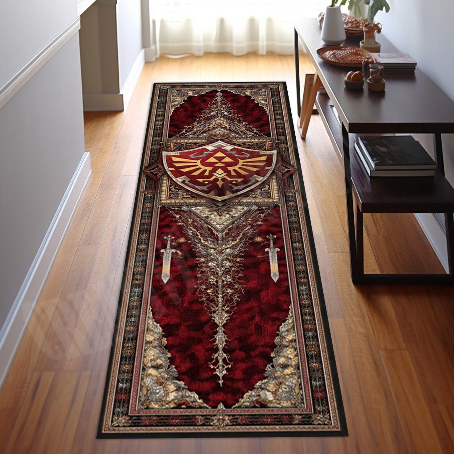 Zelda Game Room Runner Rug, Gold & Red Legend Design - 60x100cm//23x39 inch