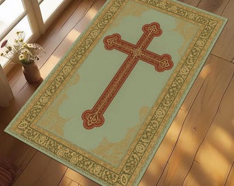 Personalized Christian Prayer Rug, Catholic Meditation Mat, Cross & Dove Design