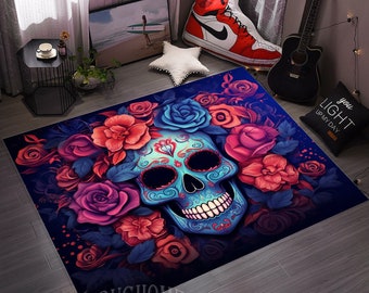 Colorful Skull Rug, Floral Sugar Skull Pattern, Living Room Decor