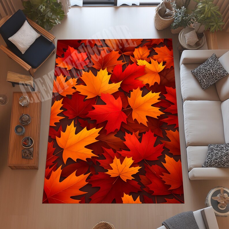 May include: A rectangular rug with a design of autumn leaves. The rug is covered in a pattern of maple leaves in shades of red, orange, and yellow. The leaves are layered, creating a sense of depth and texture. The rug would suit a living room or bedroom.