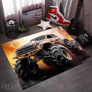 Monster Truck Rug, Jumping Monster Truck Rug,Monster Truck Area Rug, Design Car Rug, Monster Truck Decor Rug, Gift For Boys,Racing Car Rug