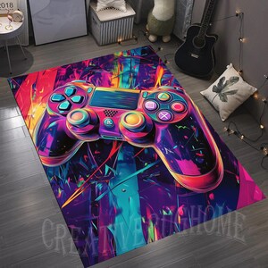 May include: A brightly coloured rug with a large image of a video game controller. The design uses a range of colours, including pink, purple, blue, and yellow, creating a dynamic and eye-catching aesthetic. The rug is suitable for a games room.