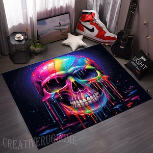 Skull, Skull Rug, Skull Pattern Rug, Colorful Skull Rug Decorative Rug, For Living Room Rug, Gift House Rug, Skull Decor Rug, Neon Skull Rug