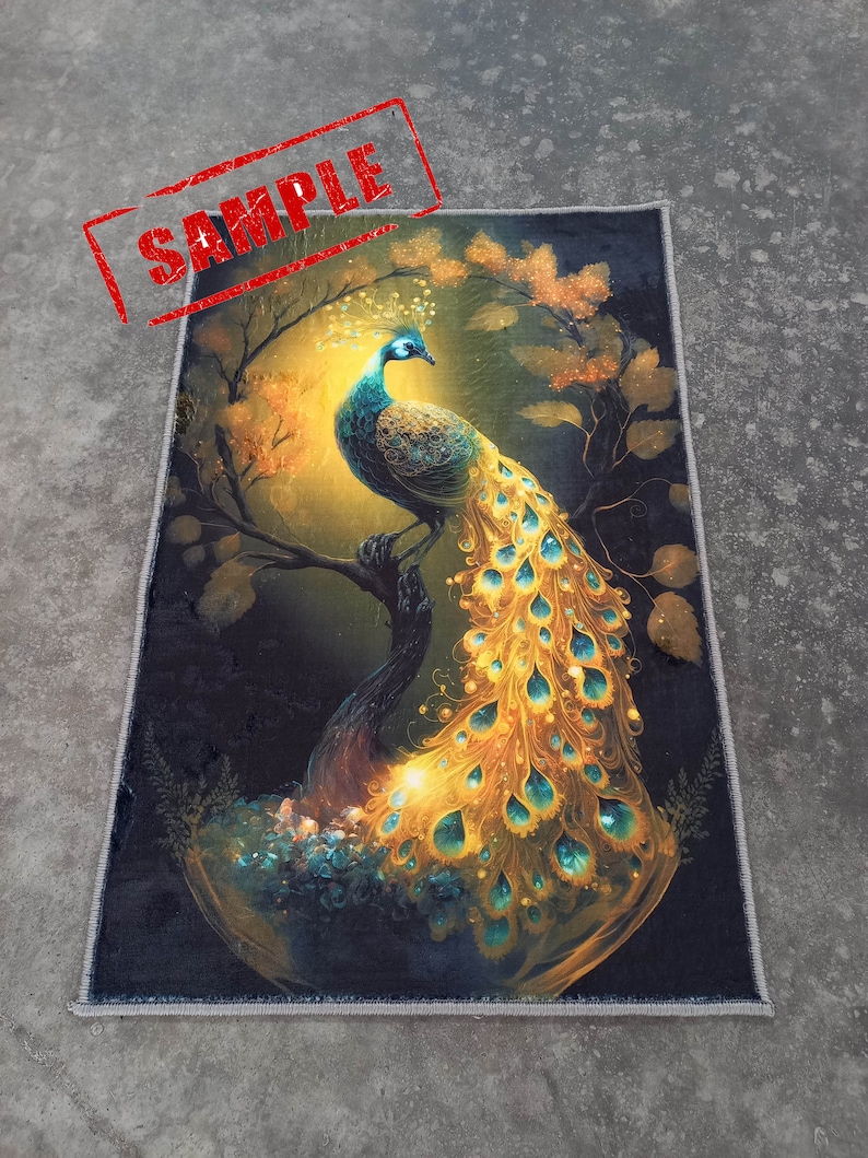 May include: Rectangular rug featuring a vibrant peacock perched on a tree branch. The peacock has blue and gold plumage, set against a dark background with a warm, golden glow. The word "SAMPLE" is stamped in red.