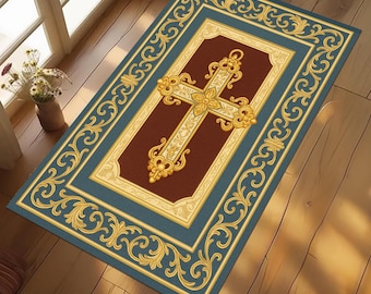 Personalized Catholic Prayer Rug, Cross Symbol, Christian Meditation Mat