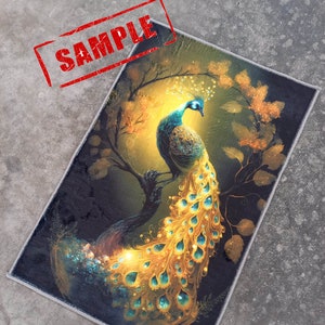 May include: Rectangular rug featuring a vibrant peacock illustration. The peacock has a blue head and body with a long, flowing tail in shades of gold and teal. The background is a mix of dark green and gold, with tree branches and leaves. The word "SAMPLE" is stamped on the rug.