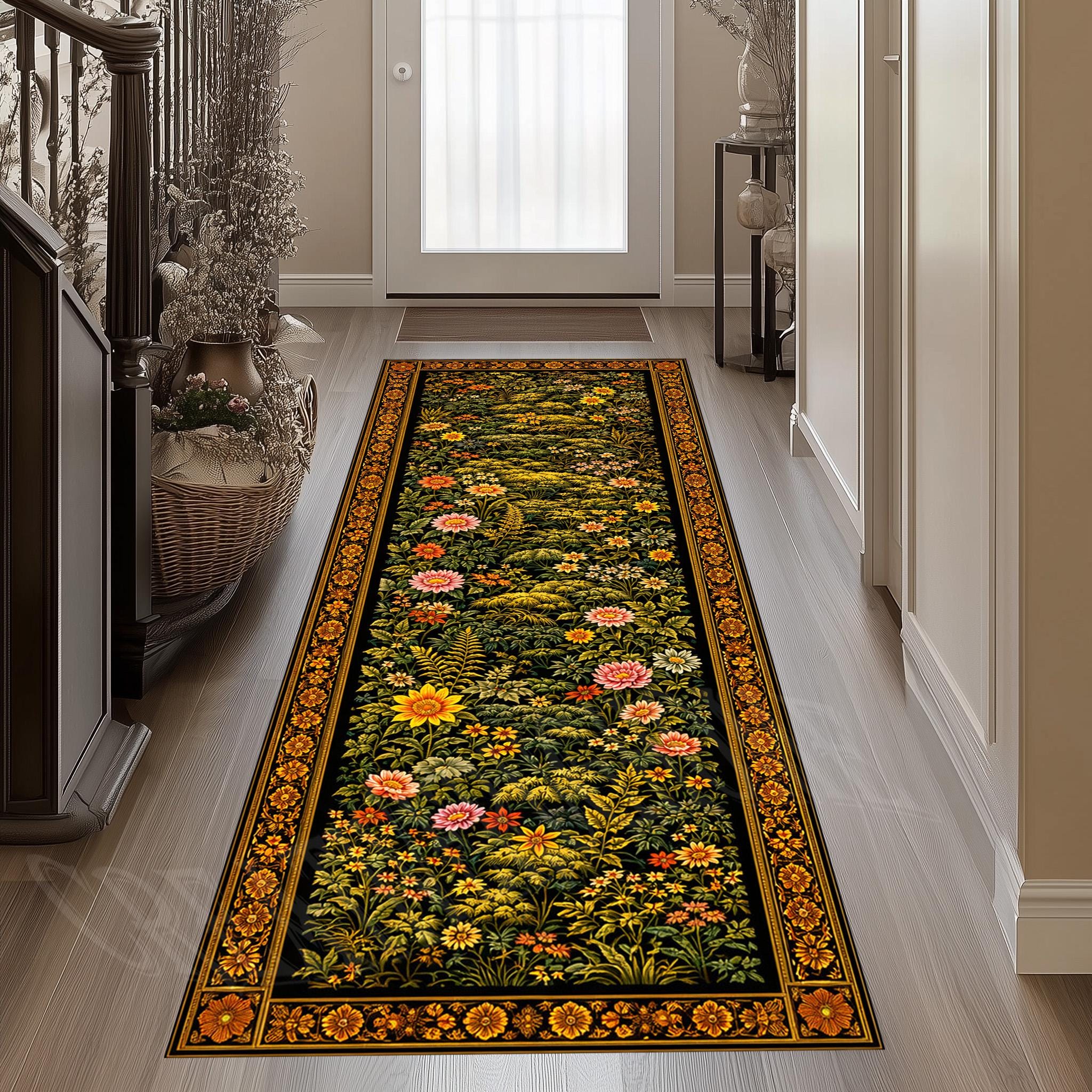Botanical Garden Runner Rug: Black Gold Floral, Wildflower Nature ...