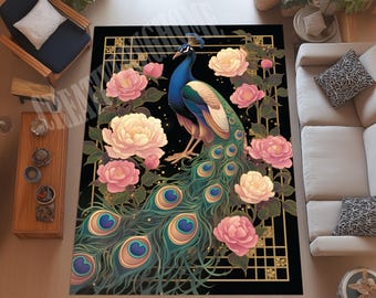 Peacock Area Rug, Floral Animal Decor, Living Room Rug