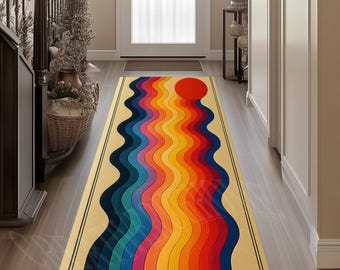 Mid Century Modern Colorful Runner Rug, Art Deco Hallway Decor