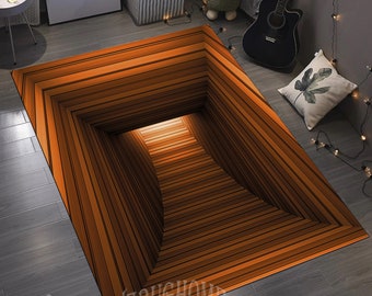 3D Vortex Illusion Rug, Wood Tunnel Design