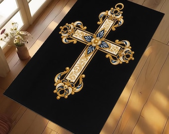 Personalized Catholic Prayer Rug, Cross Design, Christian Meditation Mat