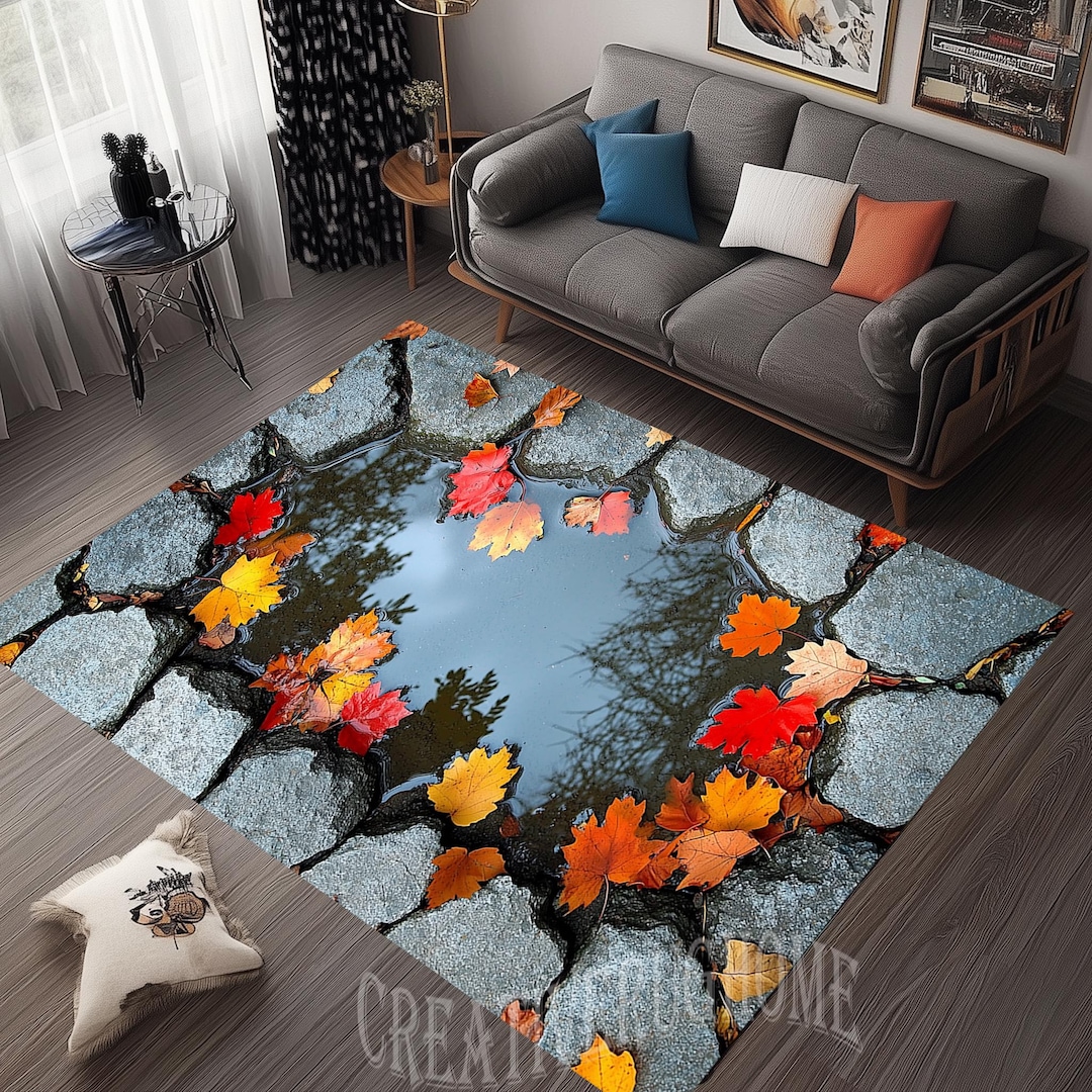 Puddle Rug Shape Autumn Leaves 3D Puddle Rug, Stone Look, Fall Decor - Etsy