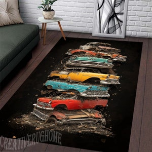 Voiture, tapis de voiture, tapis à motif de voiture, tapis de salle de jeux, tapis sur le thème des voitures classiques, cadeau tapis pour enfants, tapis voitures classiques, tapis de décoration intérieure, tapis de salon