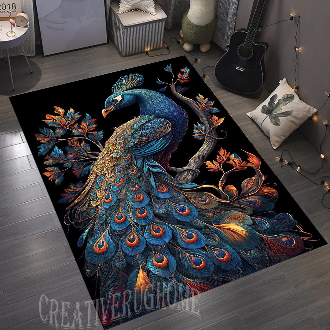 Peacock Rug, Peacock Patterned Rug, Peacock Design Rug, Animal Decor ...