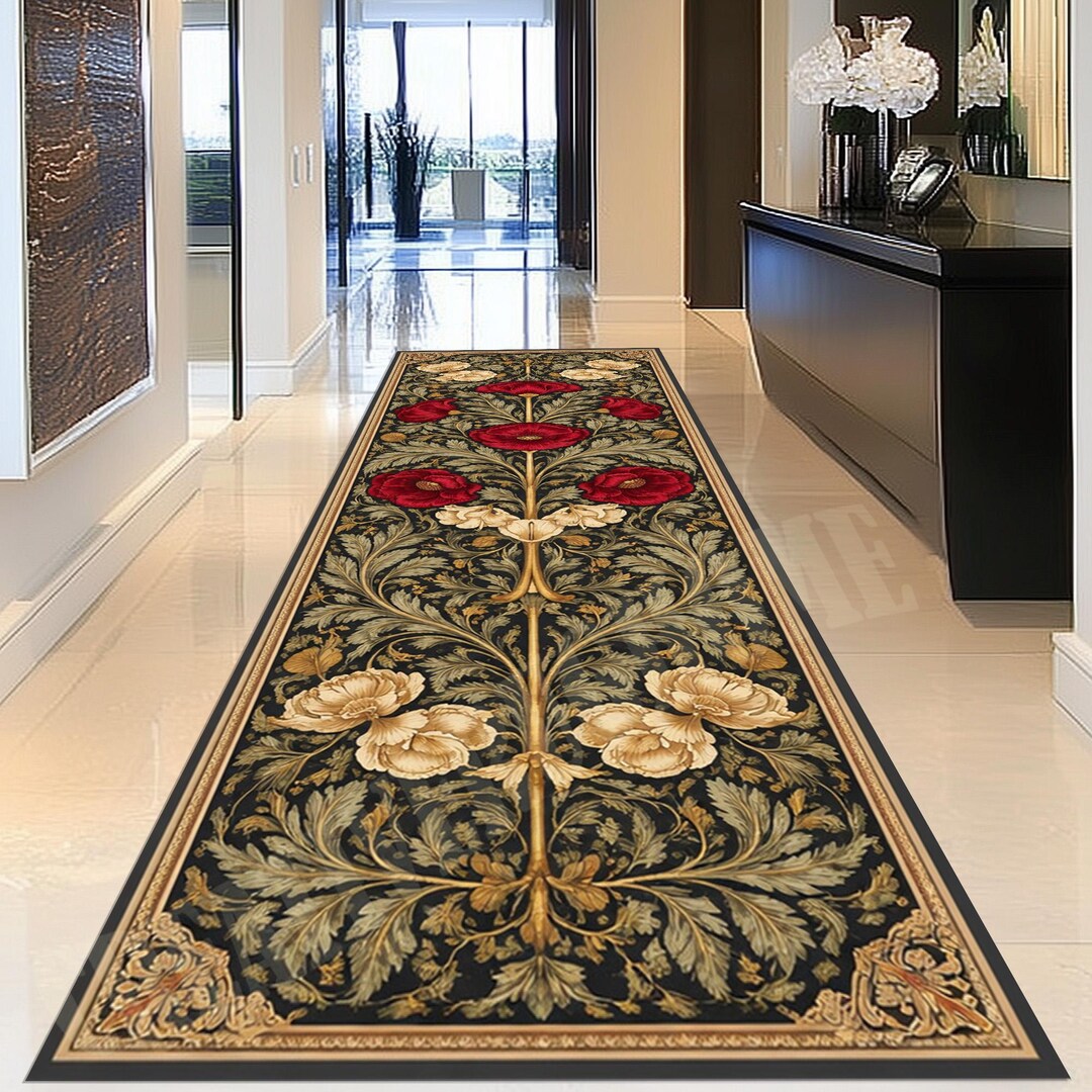 Floral Baroque Runner Rug: Black Gold Red Blossom Elegant Carpet - Etsy