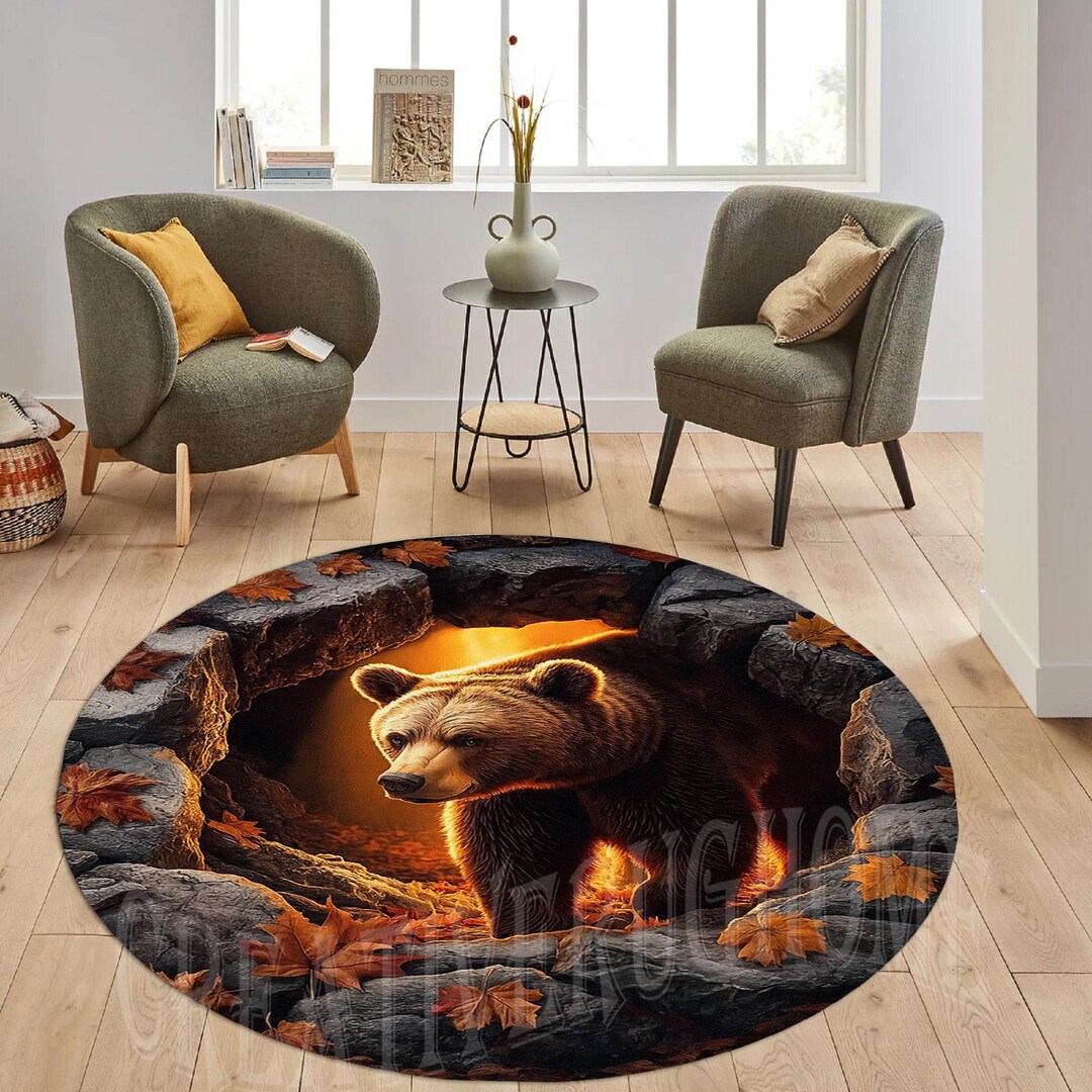 Bear Cave Round Rug: Autumn Forest Wildlife Carpet, Glowing Fire Decor ...