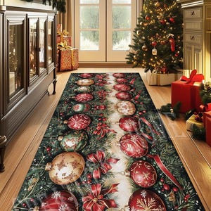 Christmas Ornament Rug, Holiday Poinsettia Area Runner