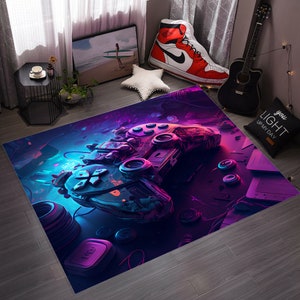 May include: A purple and blue gaming rug with a 3D image of a video game controller. The controller is made of metal and has a futuristic design. The rug is perfect for any gamer's room.