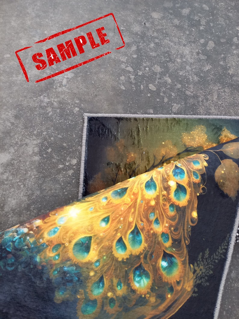 May include: A rolled-up rug with a vibrant peacock feather design in shades of gold, teal, and blue. The rug has a dark background and a white border. The word "SAMPLE" is stamped in red on the gray surface.