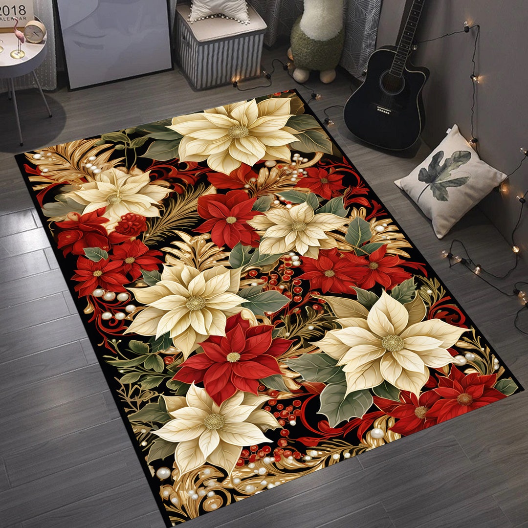 Poinsettia Rug Poinsettia Themed Rug Christmas Rug Merry Etsy
