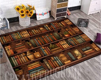 May include: A rectangular rug featuring a detailed bookshelf design with rows of books in various colors. The rug has a dark brown border and the text "CREATIVE RUGS HOME" is visible at the bottom.