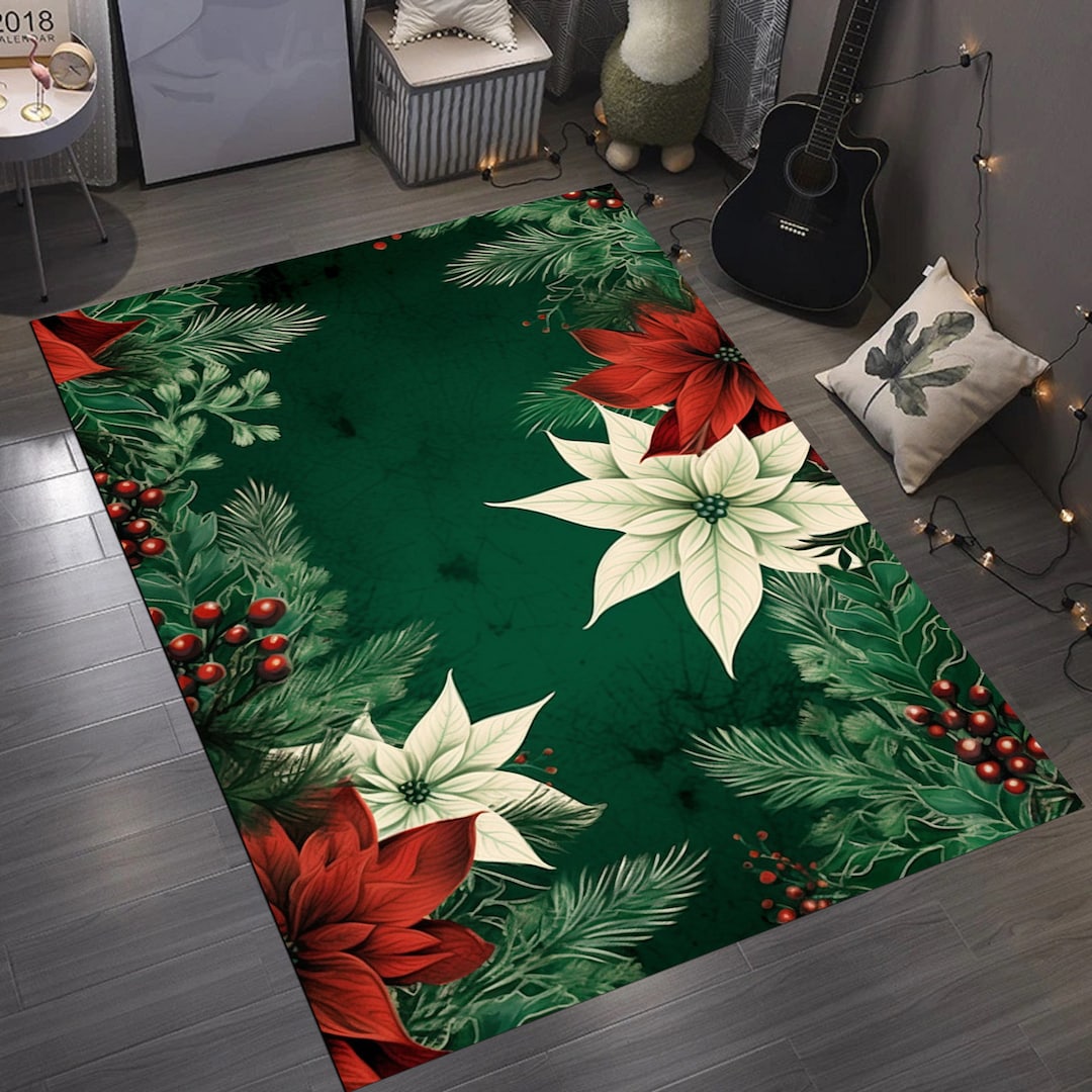 Poinsettia Rug Poinsettia Themed Rug Christmas Rug Merry Etsy