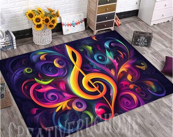 Colorful Music Note Rug, Modern Music Room Decor