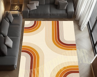 May include: A rectangular rug with a retro design. The rug features curved lines in shades of orange, brown, and cream. The pattern is symmetrical, with the curved lines forming a repeating design. The rug is placed on a wooden floor.