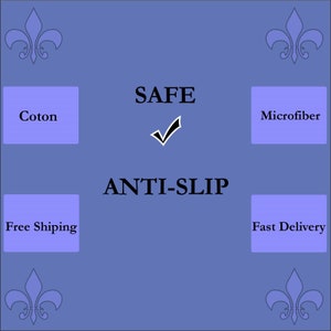 May include: A blue background with a white checkmark and the text "SAFE ANTI-SLIP". There are four blue boxes with the text "Coton", "Microfiber", "Free Shipping", and "Fast Delivery".