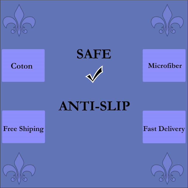 May include: A blue background with a white checkmark and the text "SAFE ANTI-SLIP". There are four blue boxes with the text "Coton", "Microfiber", "Free Shipping", and "Fast Delivery".