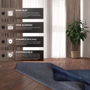 May include: A navy blue rug with a white dotted pattern on the underside. The image also shows text about the rug's features: non-slip, free shipping, durable (4-5 mm), and customizable.
