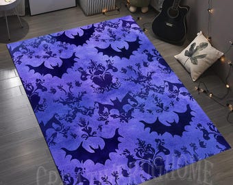 Alfombra gótica con forma de murciélago, morada y negra, decoración mística