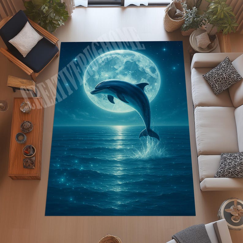 May include: A rectangular area rug featuring a dolphin leaping out of the ocean under a full moon. The rug has a blue color scheme with a detailed illustration of the ocean, moon, and stars.