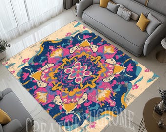 Bunter Mandala Teppich, Boho Geometrisches Muster, Moderne Kunst Teppich