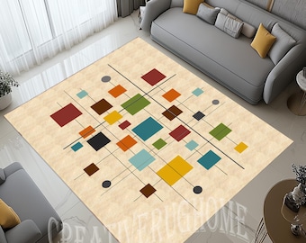 Mid Century Modern Teppich, Geometrische Quadrate Design