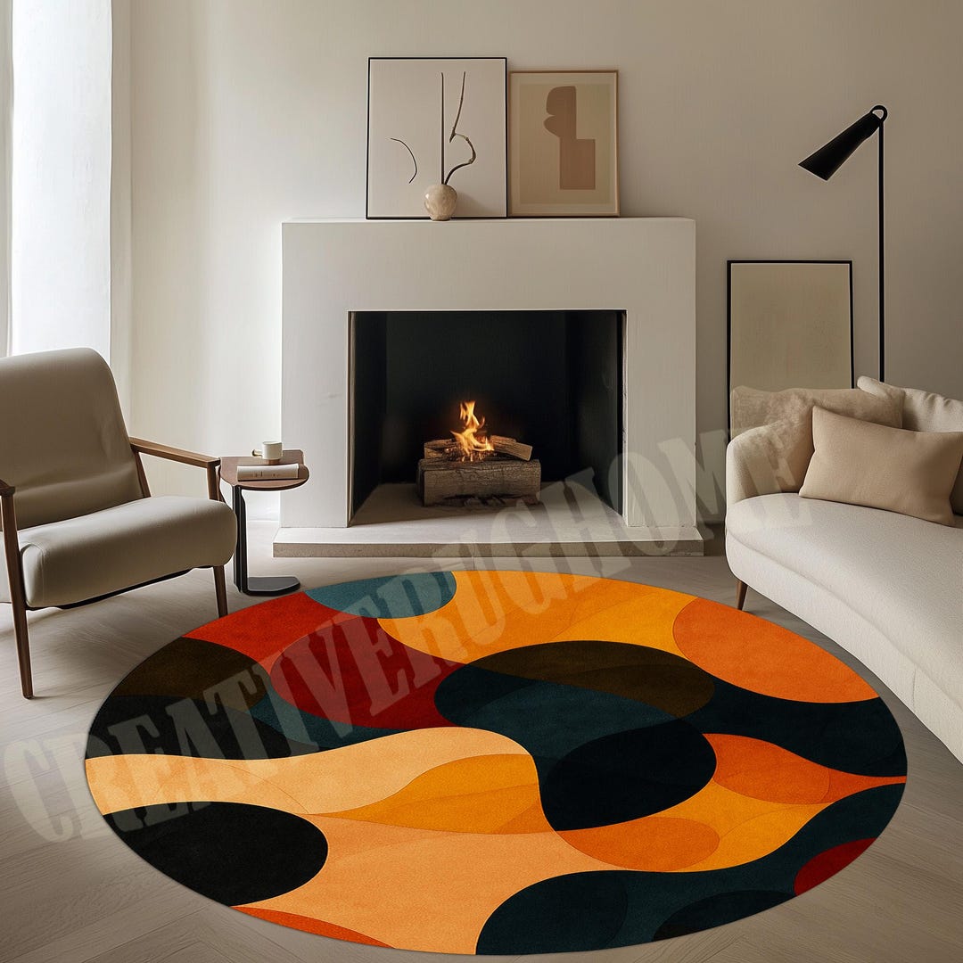Round Modern Distressed Rug Mid Century Modern Round Rug, Geometric Abstract Design - Etsy