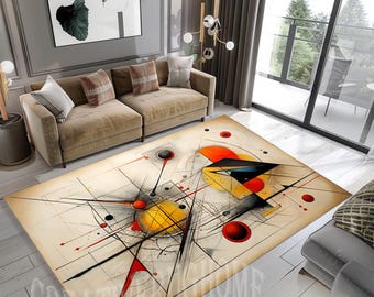Geometrischer moderner Teppich aus der Mitte des Jahrhunderts, rutschfeste Baumwollbasis