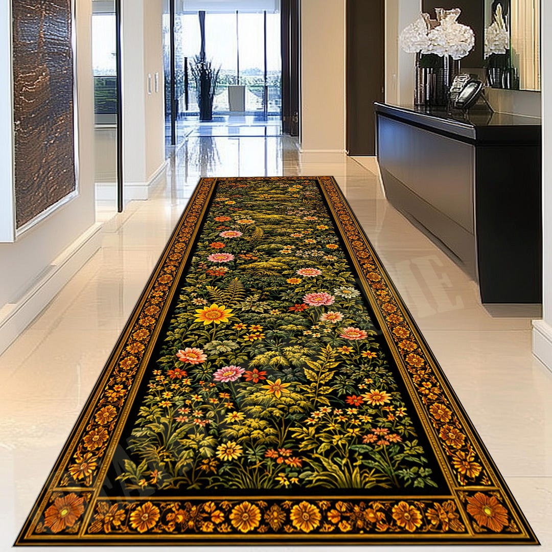 Botanical Garden Runner Rug: Black Gold Floral, Wildflower Nature ...