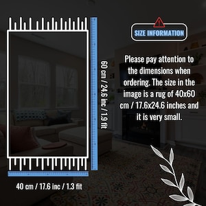 May include: A small rug, 17.6 inches by 24.6 inches, is displayed in a room setting. The image includes a size guide in centimeters and inches, with text emphasizing the rug's dimensions. The rug's size is 1.3 feet by 1.9 feet.