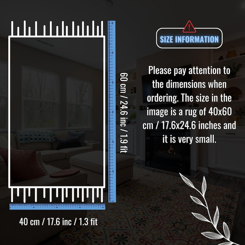 May include: A small rug, 17.6 inches by 24.6 inches, is displayed in a room setting. The image includes a size guide in centimeters and inches, with text emphasizing the rug's dimensions. The rug's size is 1.3 feet by 1.9 feet.