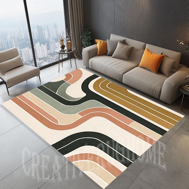 Abstract Mid Century Modern Rug, Retro Lines Area Rug - Etsy
