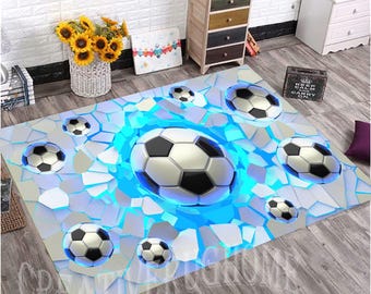 Blue Neon Football Rug, Soccer Ball Field, Sports Lover Gift