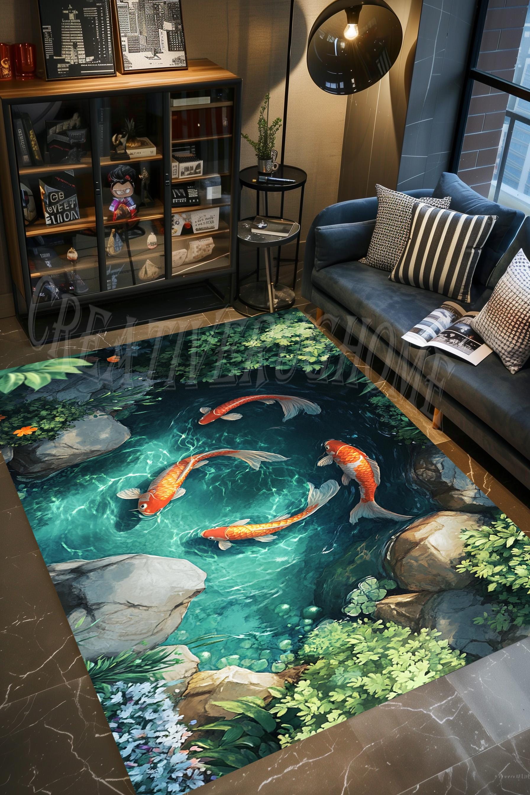 Lake Theme Rug 3D Fish Pond Area Rug, Illusion Lake Design, Living Room Decor - Etsy