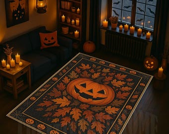 Halloween Pumpkin Rug, Autumn Leaf Decor, Non-Slip Cotton Base