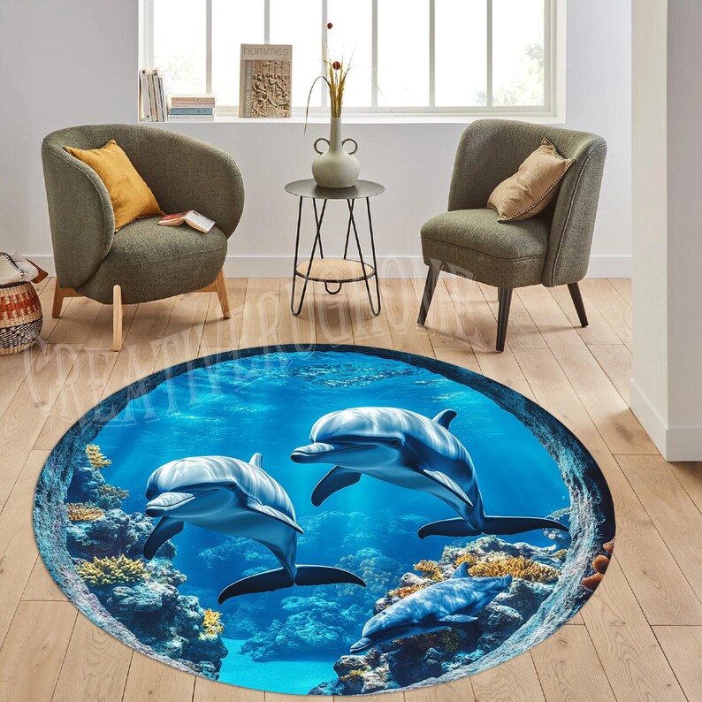 Dolphin Fish Round Rug, Ocean Nautical Decor - Etsy